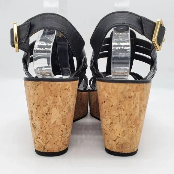 Tory Burch Leslie Black Strappy Cork Wedge Sandals - Picture 5 of 11